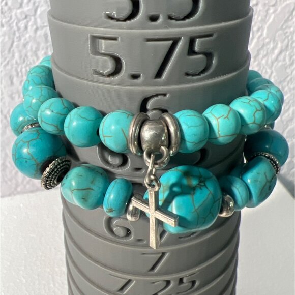 Faux Turquoise Beaded Stretch Bracelets Silver-tone, Rhinestones and Cross - Picture 2 of 6